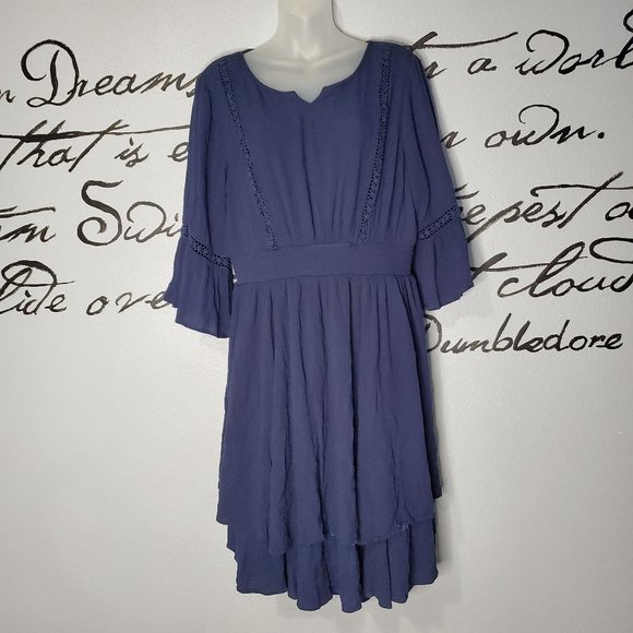 Torrid Navy Flounce Dress with Bell Sleeves, Elastic Waist & 2 Tier Hem - Picture 1 of 7